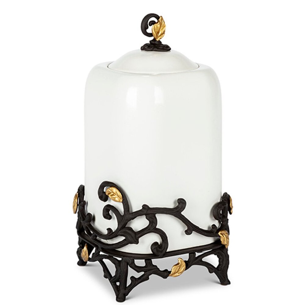 GG Collection LARGE White Stoneware Canister w/Metal & Gold Leaf Base NEW+ VHTF